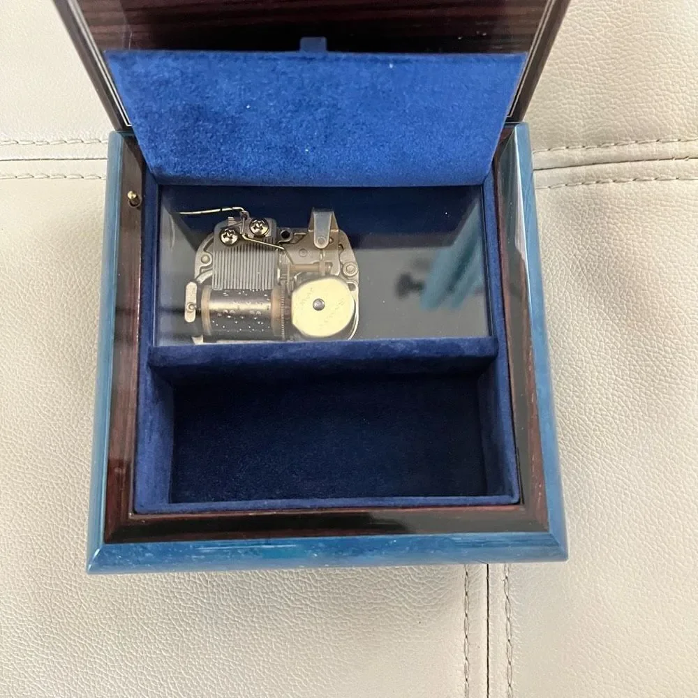 Vintage Italian Inlay Dark Blue Musical Jewelry Box